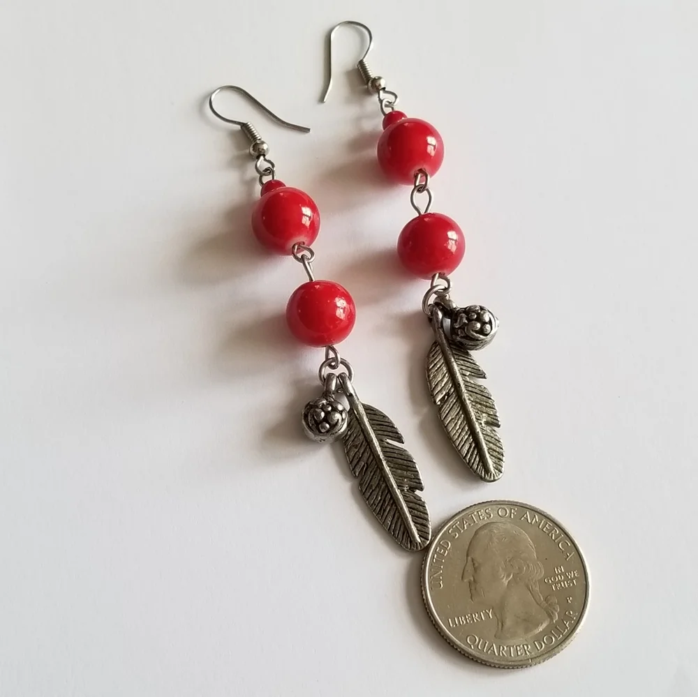 Feather earrings with red beads and flower ball beads silver tone boho
